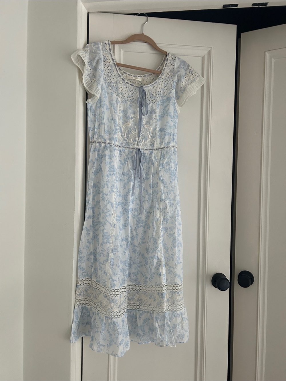 LoveShackFancy Pale Blue Floral Eyelet-Tie Midi Dress